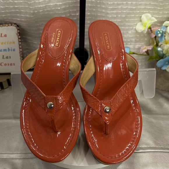 (E3) COACH GEORGINA Women's Orange Cork Wedge Sandals,Sz 9B, Embossed C- Leather - Picture 1 of 13